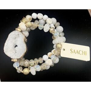 Saachi Bracelet Set Of 3, Stone, Wood, Glass & Alloy-NWT, Neutral